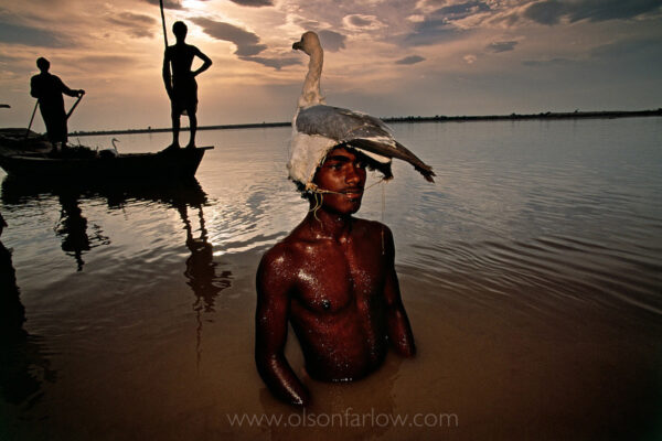 A bird hunter prepares for the evening hunt. The boat will leave and he will be alone with his decoy headpiece and his decoy live herons tied to hoops in the middle of the Indus River – just off the Mohenjo Daro archaeological site.The Indus river valley maintains some surprising remnants of its ancient culture.  A stone’s throw from the largest intact Harappan Site (Mohenjo Daro), Mohanis fishermen use the exact style of flat-bottom boat depicted in terra cotta and stone tablets 4,600 years old, and a group of bird hunters still practice a 5,000-year-old method of catching birds. Hunters tie pet herons to a hoop in the river, and then submerge to their necks in the water wearing masks made from real bird skins. They wiggle their heads to mimic a swimming bird and then grab any prey that lands nearby. We know this is the ancient method they used to hunt birds because there are artifacts that show bird hunting that go back to 3,300 BC.
