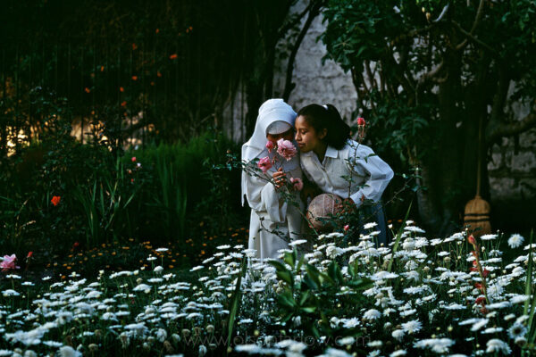 Novices take break from their prayers to walk in the garden at Santa Catalina Convent. The young nuns never leave convent grounds and live a life of contemplation in Arequipa, Peru. The older nuns allow the young women free time once a day to help them adjust to the cloistered, regimented life. Having just left their families they will never see again, the vow of commitment the novices take is a serious lifelong decision.
