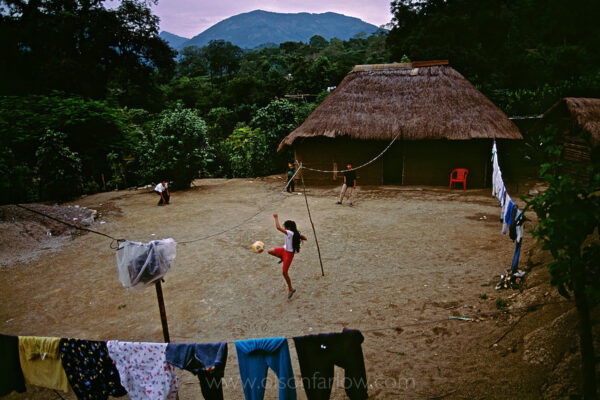 Children play in the courtyard in front of their traditional thatched-roof adobe home in Palictla, Mexico. Families in this tropical region are orange pickers. The family of Hipolito Marcial, includes seven children. The thatch called “zacate” grass will last around 20 years before it must be replaced. South of Ciudad Valles the Pan American highway passes through Huasteca Indian country. At one time the Huastec population was once estimated to be one million, but today they number about 150,000.
