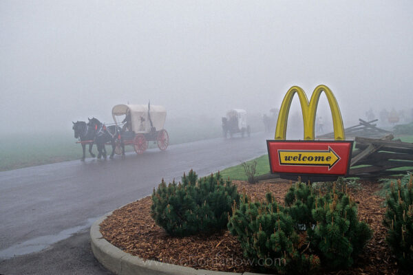 Wagons and horses roll out of McDonalds in a thick fog as a wagon train plods toward Pennsylvania. An annual reenactment brings westward bound caravans to the Pike Festival, although early settlers did not stop for fast food coffee along their way past Keyser’s Ridge, Maryland.
The route passes through some of the most mountainous terrain in Maryland and reaches an elevation of 3,700 feet on nearby Negro Mountain. Early travelers feared Keyser’s Ridge—even with the road—because of the harsh weather conditions.
