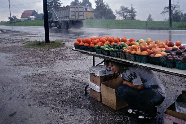 


A fruit and vegetable seller takes shelter under his produce at a roadside stand west of Scenery Hill, when a summer thunderstorm blows through the area. Farmers were early beneficiaries of the National Road as they found markets beyond nearby towns.
At its peak in the mid-1800s, the road allowed farmers to transport wagonloads of goods  while today, motorists on the old road pass by organic farms, small markets, and wineries.
 



