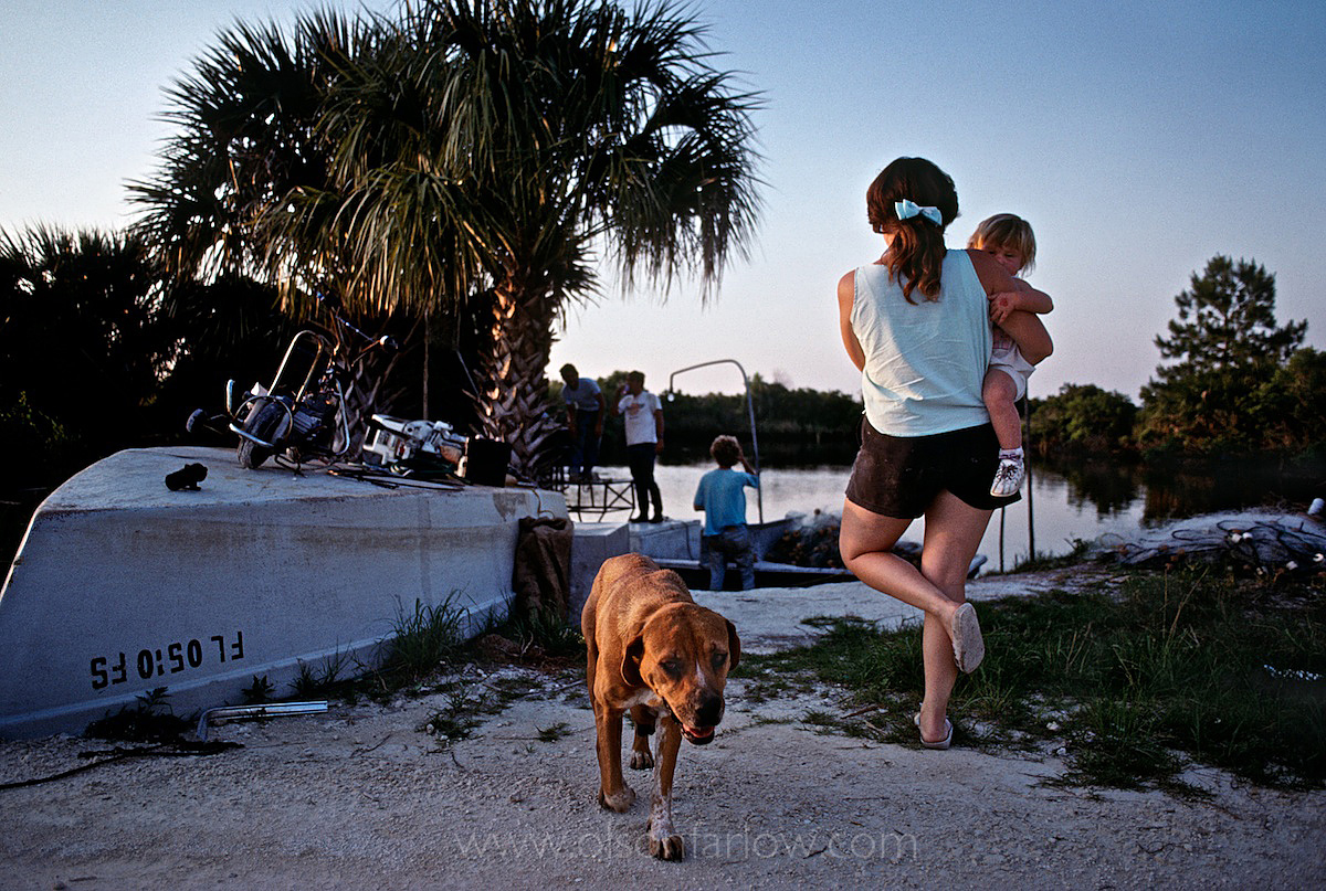 Dog with back of woman and child and boat on shore of river with palm tree.