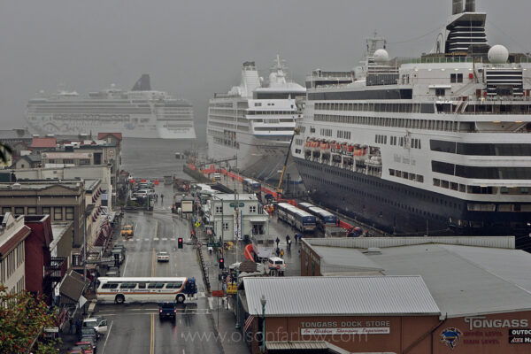 In spite of the 200 inches of rain the area receives every year, nearly a million cruise ship passengers visit Alaska, sometimes doubling a town’s population on a summer day. As many as six cruise ships make daily stops (and as many as 500 a year), bringing tourists on the Inside Passage (the route through a network of passages between islands along the coast of Alaska, British Columbia and Washington state). Tourism is Southeast Alaska’s fastest growing industry.
One of the stops in Alaska’s Panhandle is the former logging town of Ketchikan, which now relies on tourism. Travelers can shop for native art and souvenirs or diamonds in one of many jewelry stores along what was a former red-light district during the Gold Rush. The Misty Fjords National Monument is one of the area’s major attractions.

